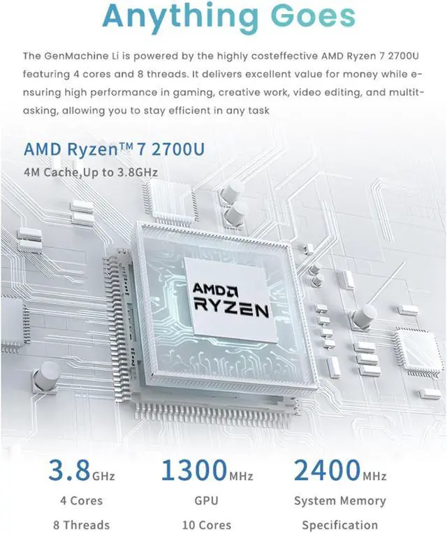 Alt view image 2 of 7 - Genmachine Mini PC AMD Ryzen 7 2700U - Mini Computers Up to 3.8GHz 4c/8t, 16GB DDR4, 256GB SSD & M.2 NVME, Gaming PC with Wifi5/BT4.2/DHMI/DP, Gaming/Office/Design
