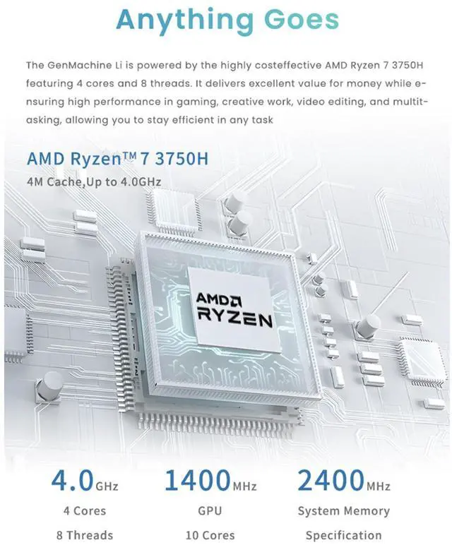 Alt view image 2 of 7 - GenMachine Mini PC AMD Ryzen 7 3750H,8GB RAM 256GB M.2 NVMe SSD,AMD Radeon RX Vega 10 Graphics,2 x 4K Output,1 x HDMI Ports,1 x DP Ports,4 x USB 3.0,Wifi5,Bluetooth4.2,Windows 11 Pro Desktop Computer