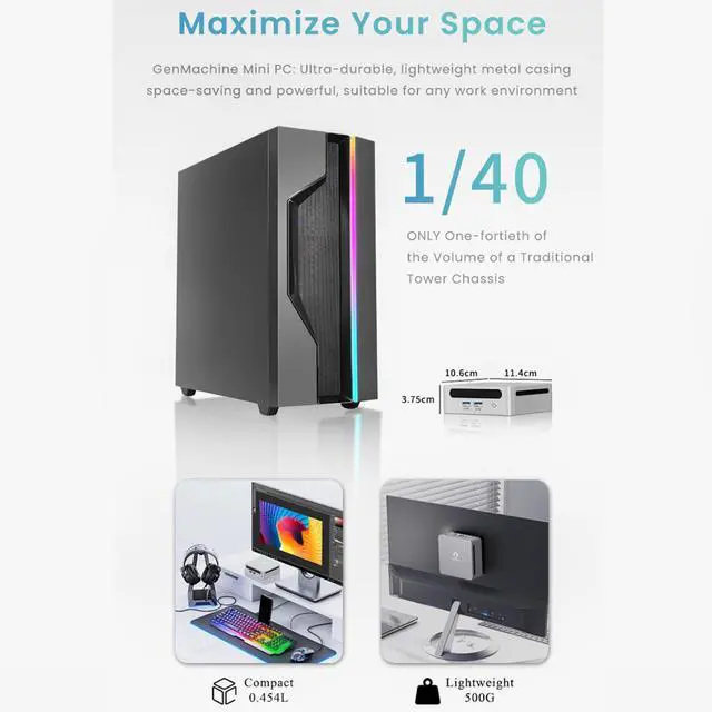 Alt view image 6 of 7 - GenMachine Mini PC AMD Ryzen 7 7530U (up 4.5GHz), 16GB DDR4 3200MHz, 512GB SSD, USB4.0, Dual 2.5G LAN, 4K Triple Display, Small Desktop Computer, Windows 11 Pro Mini Desktop for Work, Gaming, Home