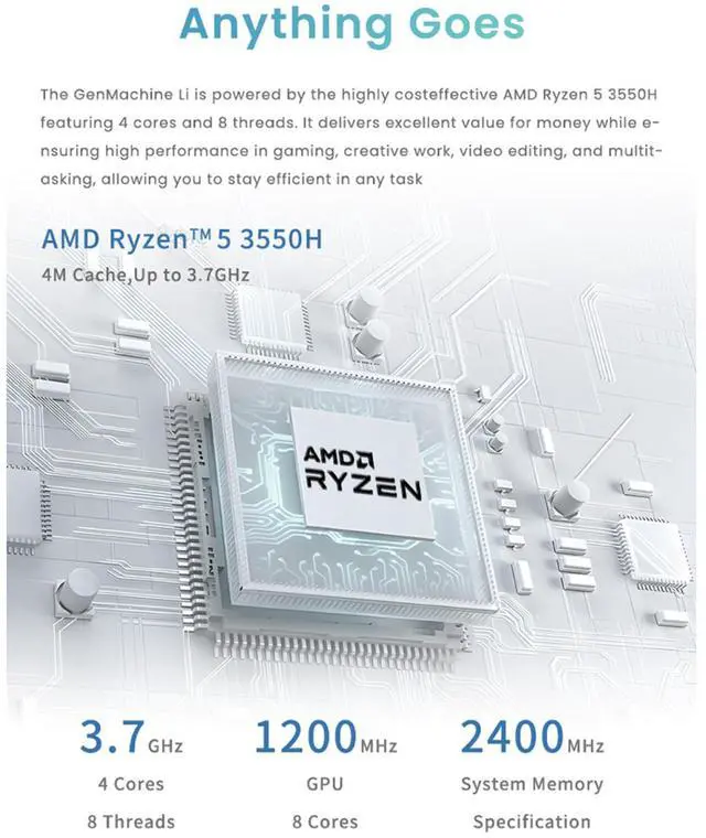 Alt view image 2 of 7 - GenMachine Mini PC AMD Ryzen 5 3550H,8GB RAM 256GB M.2 NVMe SSD,AMD Radeon Vega 8 Graphics,2 x 4K Output, 1 x HDMI Ports,1 x DP Ports,4 x USB 3.0,Wifi5,Bluetooth4.2,Windows 11 Pro Desktop Computer