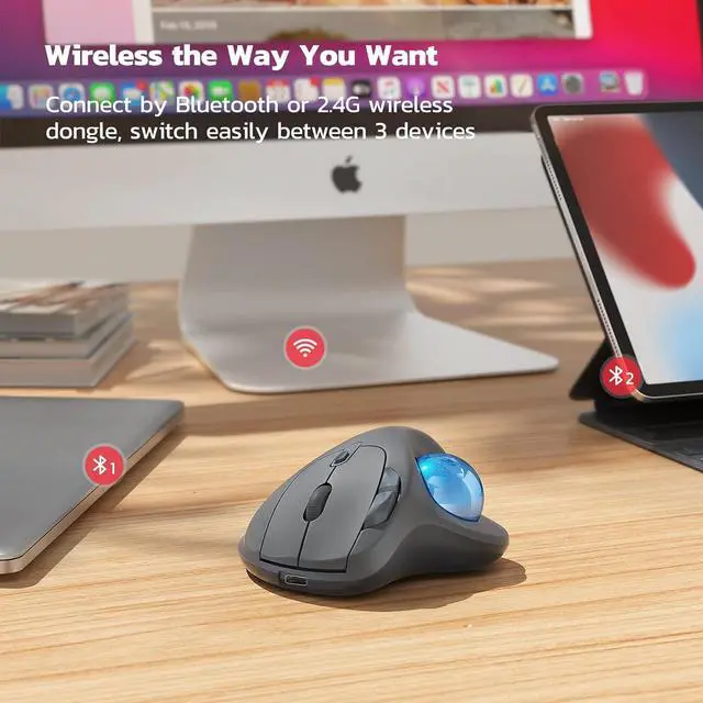 Alt view image 4 of 7 - M501 Wireless Trackball Mouse Rechargeable Ergonomic Easy Thumb Control Precise & Smooth Tracking 3 Device Connection (Bluetooth or USB Receiver) Compatible for PC Laptop Mac Windows.