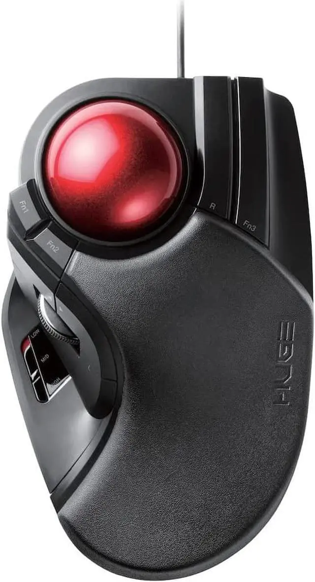 Main image of ELECOM HUGE Trackball Mouse, Wired, Finger-Operated, 8-Button Function, Palm Rest Attached, 52mm Smooth Red Ball Windows11, macOS (M-HT1URBK)