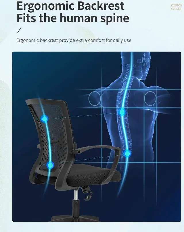 Alt view image 5 of 7 - Home Office Chair Ergonomic Chair Mid Back PC Swivel Lumbar Support Adjustable Desk Task Computer Comfortable Mesh Chair with Armrest (Black)