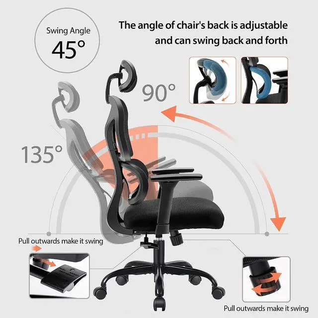 Alt view image 3 of 7 - FelixKing Office Chair Ergonomic Desk Chair with Lumbar Support and Mesh High Back Gaming Chair with Adjustable Headrest and Armrests for Conference Room (Black)