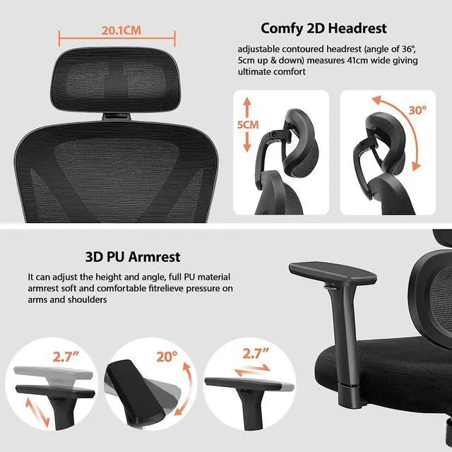 Alt view image 4 of 7 - FelixKing Office Chair Ergonomic Desk Chair with Lumbar Support and Mesh High Back Gaming Chair with Adjustable Headrest and Armrests for Conference Room (Black)