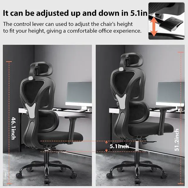 Alt view image 6 of 7 - FelixKing Office Chair Ergonomic Desk Chair with Lumbar Support and Mesh High Back Gaming Chair with Adjustable Headrest and Armrests for Conference Room (Black)
