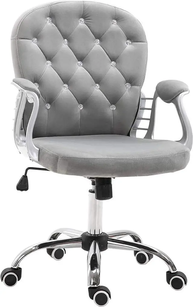 Main image of Vinsetto Vanity Middle Back Office Chair Tufted Backrest Swivel Rolling Wheels Task Chair with Height Adjustable Comfortable with Armrests, Grey