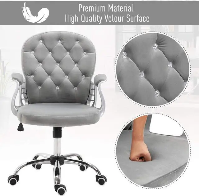 Alt view image 4 of 7 - Vinsetto Velvet Vanity Office Chair, Button Tufted Swivel Chair with Adjustable Height, Padded Armrests and Tilt Function, Grey