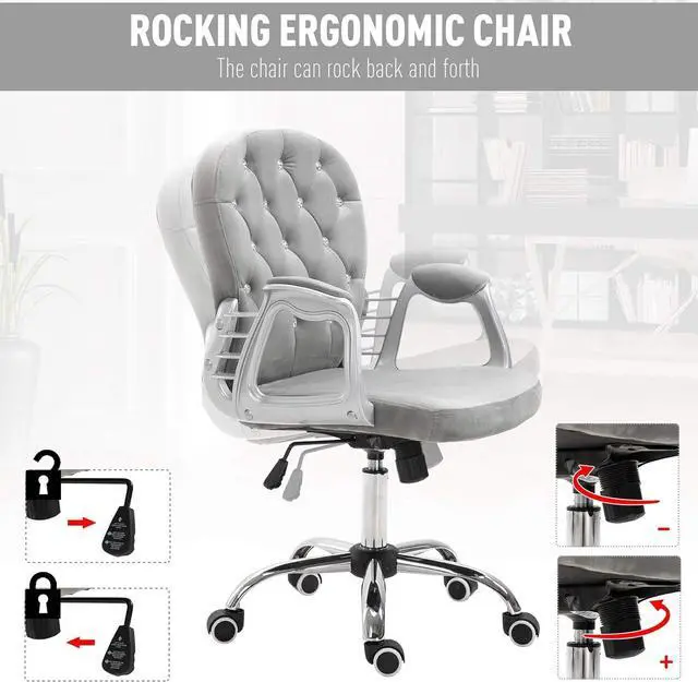 Alt view image 7 of 7 - Vinsetto Velvet Vanity Office Chair, Button Tufted Swivel Chair with Adjustable Height, Padded Armrests and Tilt Function, Grey