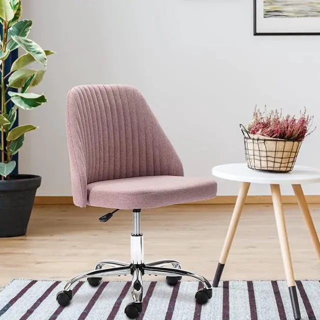 Alt view image 6 of 6 - edx Home Office Desk Chair, Vanity Chair, Modern Adjustable Low Back Rolling Chair, Twill Upholstered Cute Office Chair, Desk Chairs with Wheels for Bedroom, Classroom, Vanity Room (Rose Pink)