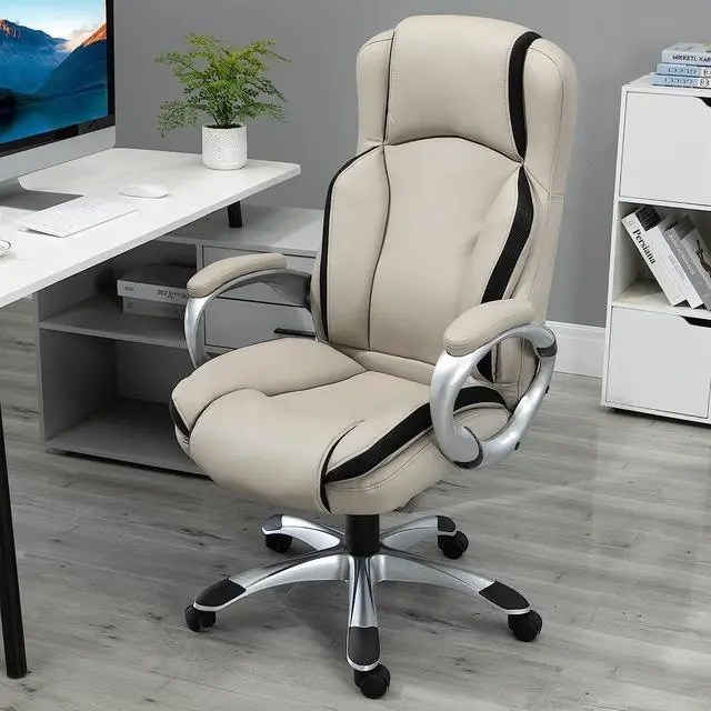 Alt view image 2 of 7 - Vinsetto Office Chair PU Leather Executive on Rolling Wheels Task Computer Height Adjustable Swivel Ergonomic, Greige and Black