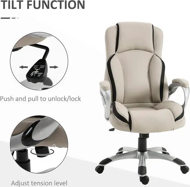 Alt view image 5 of 7 - Vinsetto Office Chair PU Leather Executive on Rolling Wheels Task Computer Height Adjustable Swivel Ergonomic, Greige and Black
