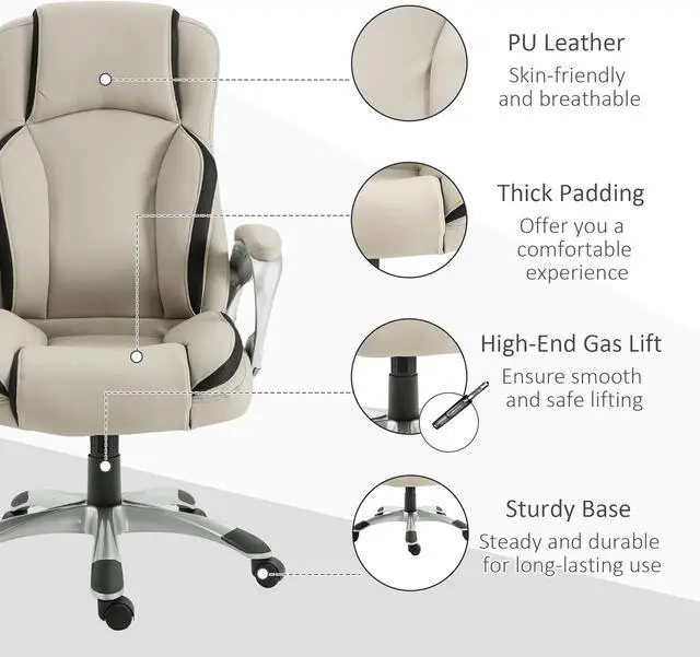 Alt view image 7 of 7 - Vinsetto Office Chair PU Leather Executive on Rolling Wheels Task Computer Height Adjustable Swivel Ergonomic, Greige and Black