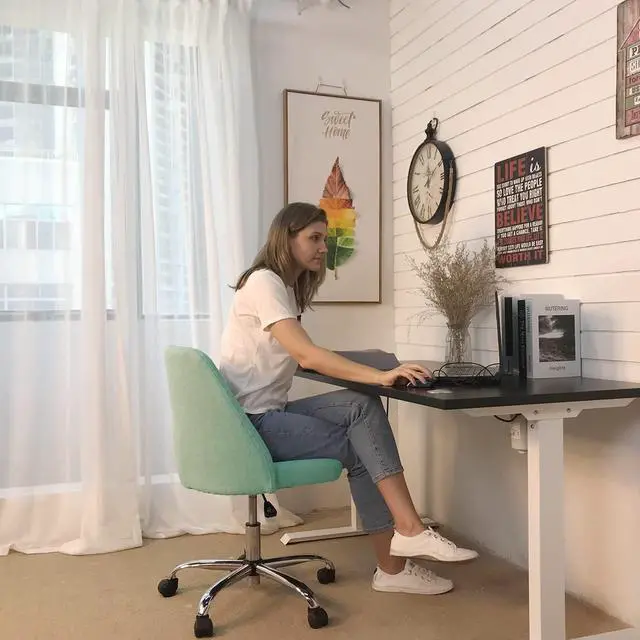 Alt view image 4 of 7 - Home Office Desk Chair, Vanity Chair, Modern Adjustable Low Back Rolling Chair, Twill Upholstered Cute Office Chair, Desk Chairs with Wheels for Bedroom, Classroom, Vanity Room (Green)