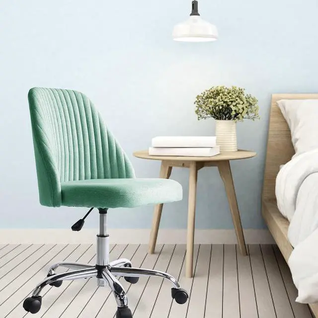 Alt view image 7 of 7 - Home Office Desk Chair, Vanity Chair, Modern Adjustable Low Back Rolling Chair, Twill Upholstered Cute Office Chair, Desk Chairs with Wheels for Bedroom, Classroom, Vanity Room (Green)
