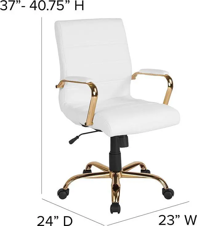 Alt view image 3 of 7 - Flash Furniture Whitney Mid-Back Desk Chair - White LeatherSoft Executive Swivel Office Chair with Gold Frame - Swivel Arm Chair