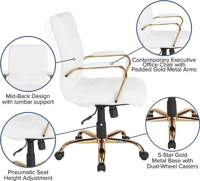 Alt view image 5 of 7 - Flash Furniture Whitney Mid-Back Desk Chair - White LeatherSoft Executive Swivel Office Chair with Gold Frame - Swivel Arm Chair