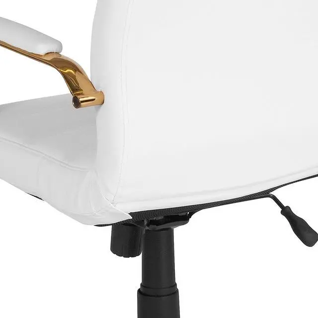 Alt view image 7 of 7 - Flash Furniture Whitney Mid-Back Desk Chair - White LeatherSoft Executive Swivel Office Chair with Gold Frame - Swivel Arm Chair