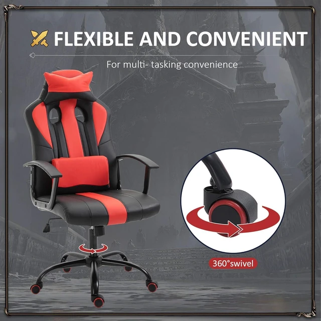 Alt view image 6 of 7 - Vinsetto Office Chair High Back Racing Style Gaming Chair Adjustable PU Leather Swivel Computer Task Seat with Lumbar Support and Pillow Red