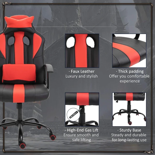 Alt view image 7 of 7 - Vinsetto Office Chair High Back Racing Style Gaming Chair Adjustable PU Leather Swivel Computer Task Seat with Lumbar Support and Pillow Red