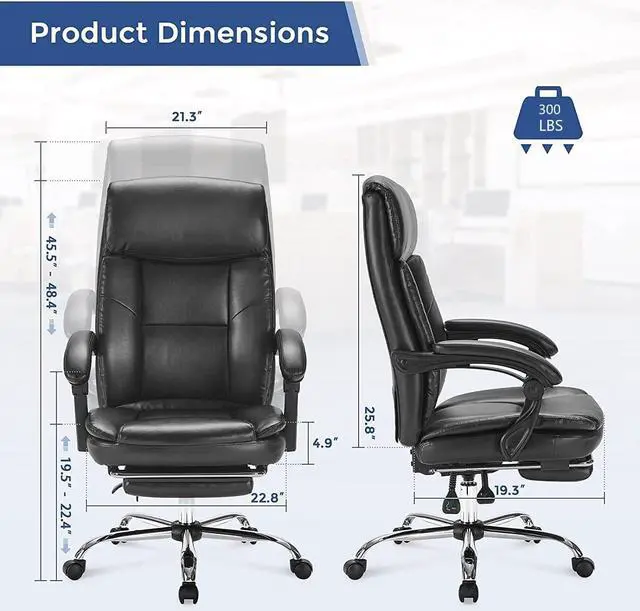 Alt view image 3 of 7 - Executive Office Chair, Ergonomic Big and Tall Leather Swivel Rolling Managerial Reclining Computer Desk Task Chair, Adjustable High Back Recliner Chair with Padded Armrests and Retractable Footrest