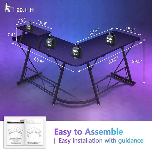 Alt view image 3 of 6 - Mr IRONSTONE L Shaped Gaming Desk Corner Computer Desk, Home Office Desks Writing Workstation with Large Monitor Stand, Easy to Assemble (Black,51 Inch)