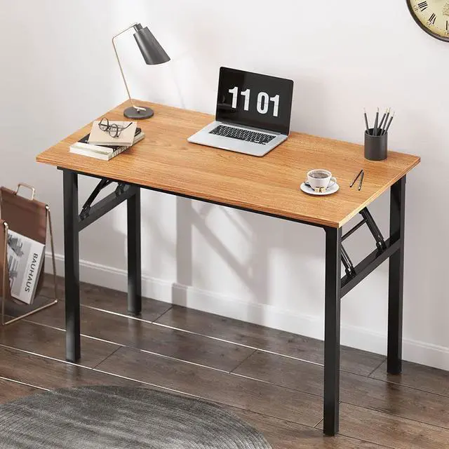 Alt view image 2 of 7 - Small Computer Desk 31.5 inches Folding Table No Assembly Sturdy Small Writing Desk Folding Desk for Small Spaces, Teak Color Desktop and Black Steel Frame