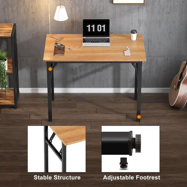 Alt view image 7 of 7 - Small Computer Desk 31.5 inches Folding Table No Assembly Sturdy Small Writing Desk Folding Desk for Small Spaces, Teak Color Desktop and Black Steel Frame