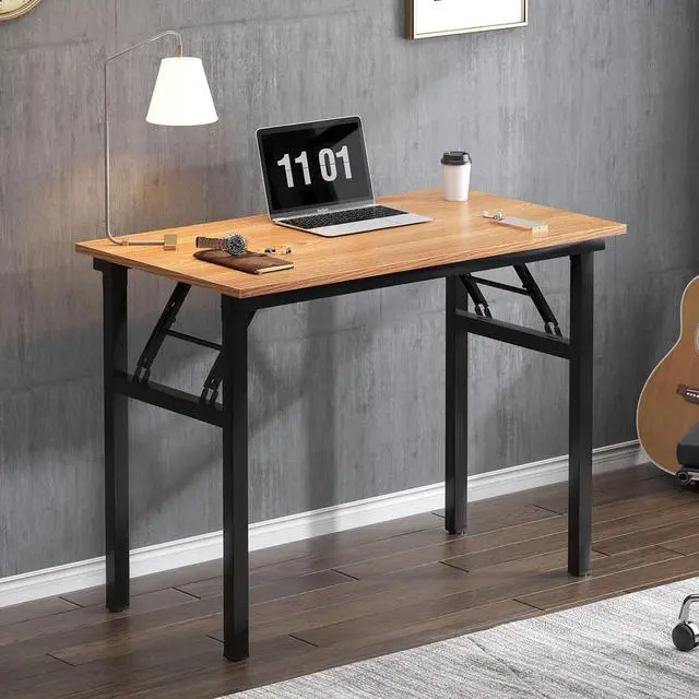 Alt view image 4 of 7 - Small Computer Desk 31.5 inches Folding Table No Assembly Sturdy Small Writing Desk Folding Desk for Small Spaces, Teak Color Desktop and Black Steel Frame