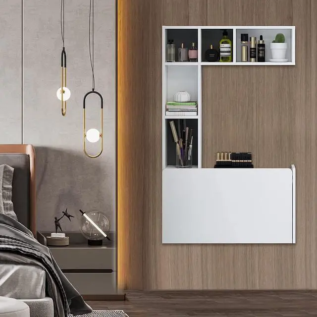 Alt view image 2 of 7 - Pmnianhua Floating Desk,Wall Mounted Desk Folding,Hidden Pull Down Desk,Space Saving Desk,Folding Wall Desk for Small Space Apartment Bedroom(White)