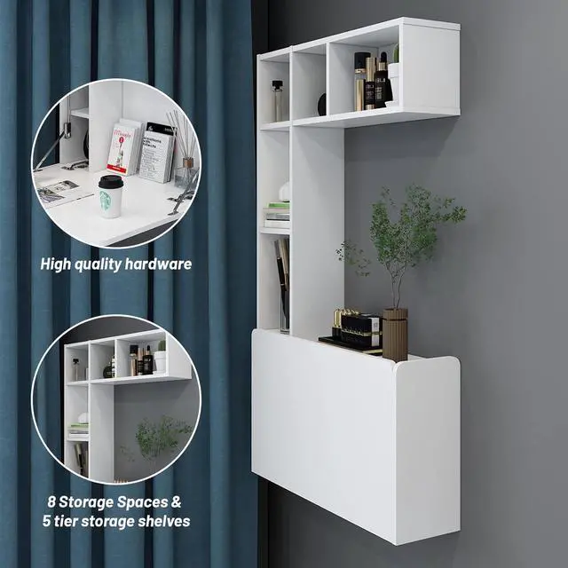 Alt view image 7 of 7 - Pmnianhua Floating Desk,Wall Mounted Desk Folding,Hidden Pull Down Desk,Space Saving Desk,Folding Wall Desk for Small Space Apartment Bedroom(White)