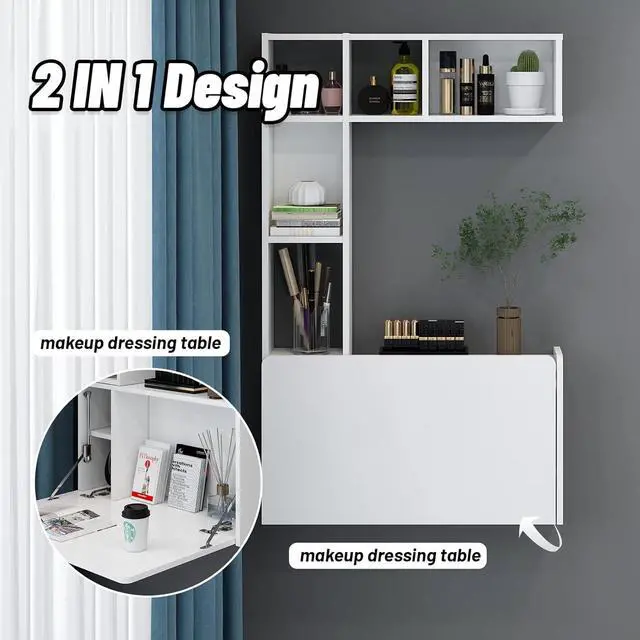 Alt view image 5 of 7 - Pmnianhua Floating Desk,Wall Mounted Desk Folding,Hidden Pull Down Desk,Space Saving Desk,Folding Wall Desk for Small Space Apartment Bedroom(White)