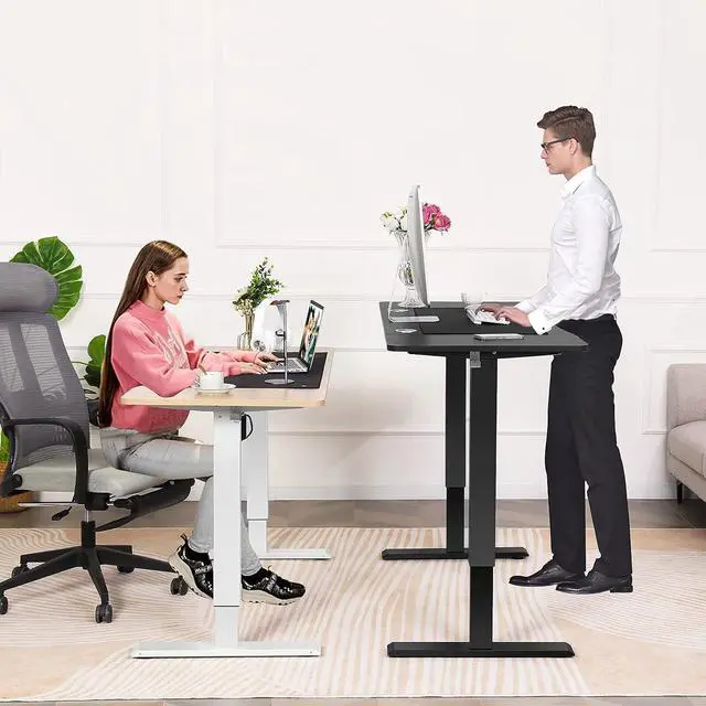 Alt view image 2 of 7 - Electric Standing Desk Adjustable Height, 55x24 Inches Computer Desk with Ergonomically Curved Desktop, Multifunctional Stand up Desk for Home/Office(Brown)