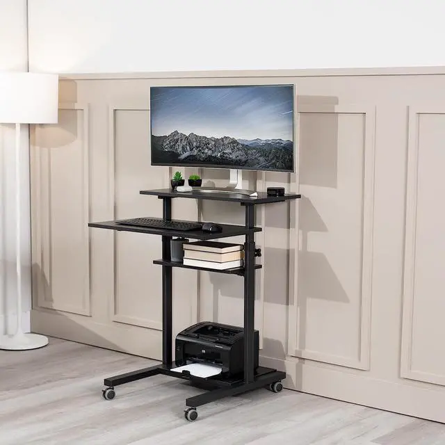 Alt view image 2 of 7 - Mobile 28 inch Standing Desk Workstation, Height Adjustable Rolling Laptop C with Storage, Black, C-V02DB