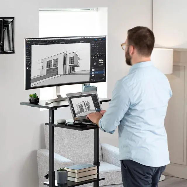 Alt view image 4 of 7 - Mobile 28 inch Standing Desk Workstation, Height Adjustable Rolling Laptop C with Storage, Black, C-V02DB