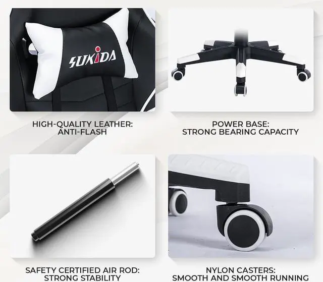 Alt view image 5 of 6 - SUKIDA Ergonomic Video Gamer Chairs - Gaming Computer Chair Game Chair for Adults Massage Lumbar Support Swivel Leg Rest Height Adjustable Headrest Backrest White, Welcome to consult