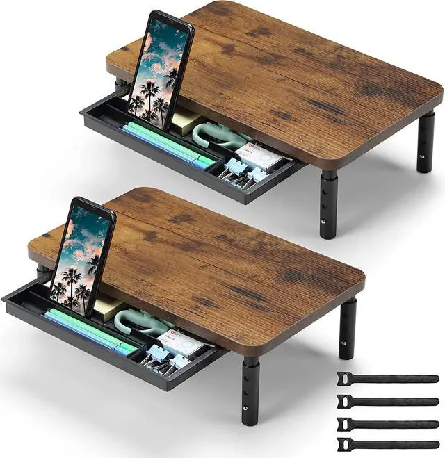 Main image of ETHU Monitor Stand Riser 3 Height Adjustable Monitor Stand with Storage Drawer for Desk Wood Desk Organizer for Office and Home, Ergonomic Stand for Computer Printer Laptop PC iMac 2 Pack