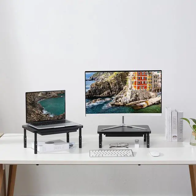 Alt view image 7 of 7 - ETHU Monitor Stand Riser 3 Height Adjustable Monitor Stand with Storage Drawer for Desk Wood Desk Organizer for Office and Home, Ergonomic Stand for Computer Printer Laptop PC iMac 2 Pack