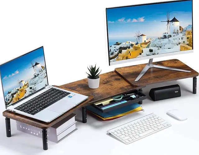 Main image of ETHU Dual Monitor Stand ,Double Monitor Riser for PC,Computer, Laptop and Printer,3 Adjustable Shelf Length and Angle Desktop Stand Organizer with Phone Holder and Drawer,Office Accessories.