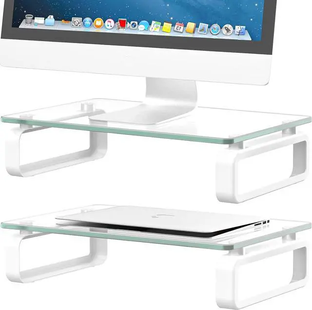 Main image of Hemudu 2 Pack Computer Monitor Stand Riser Multi Media Desktop Stand for Flat Screen LCD LED TV, Laptop/Notebook, with Tempered Glass and Metal Legs,HD02T-201