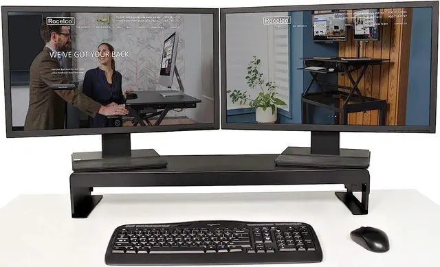 Alt view image 2 of 7 - Rocelco 30" Premium Dual Monitor Stand with AC Power Supply & USB 2.0 Charging | Metal Laptop TV PC Riser Shelf with Keyboard Mouse Storage and Cable Management | Black (R DMS)