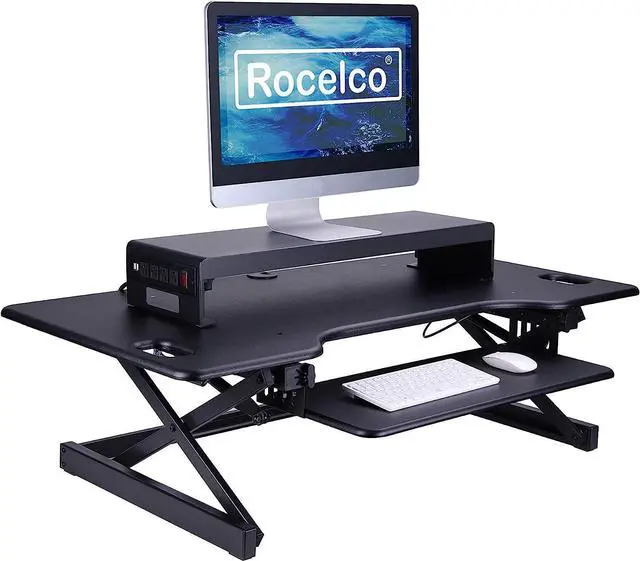 Alt view image 3 of 7 - Rocelco 30" Premium Dual Monitor Stand with AC Power Supply & USB 2.0 Charging | Metal Laptop TV PC Riser Shelf with Keyboard Mouse Storage and Cable Management | Black (R DMS)