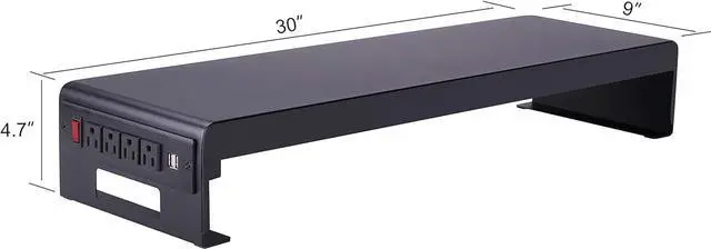 Alt view image 4 of 7 - Rocelco 30" Premium Dual Monitor Stand with AC Power Supply & USB 2.0 Charging | Metal Laptop TV PC Riser Shelf with Keyboard Mouse Storage and Cable Management | Black (R DMS)