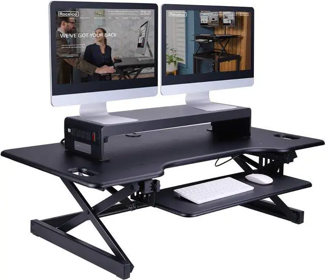 Alt view image 7 of 7 - Rocelco 30" Premium Dual Monitor Stand with AC Power Supply & USB 2.0 Charging | Metal Laptop TV PC Riser Shelf with Keyboard Mouse Storage and Cable Management | Black (R DMS)