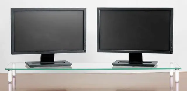 Alt view image 4 of 6 - Kantek Desktop Glass Dual Computer Monitor Stand Riser, 8mm Tempered Glass Platform, Holds 2 Monitors Up to 60 Lbs, Keyboard Storage, 39.4" X 10.2" X 3.25", Clear