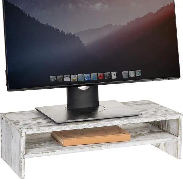 Main image of MyGift Shabby Whitewashed Wood Computer Monitor and Laptop Riser Stand for Desk, 2 Tier Office Desktop Storage Shelf