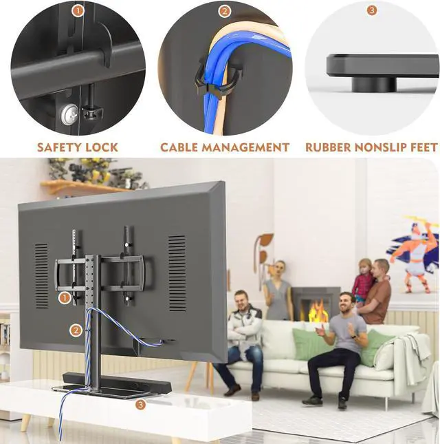 Alt view image 4 of 7 - Universal TV Stand/Base Tabletop TV Stand with Wall Mount for 40 to 86 inch 5 Level Height Adjustable, Heavy Duty Tempered Glass Base, Holds up to 132lbs Screens, HT03B-003