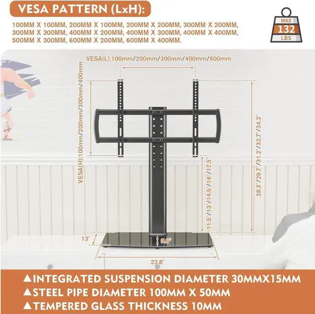Alt view image 5 of 7 - Universal TV Stand/Base Tabletop TV Stand with Wall Mount for 40 to 86 inch 5 Level Height Adjustable, Heavy Duty Tempered Glass Base, Holds up to 132lbs Screens, HT03B-003