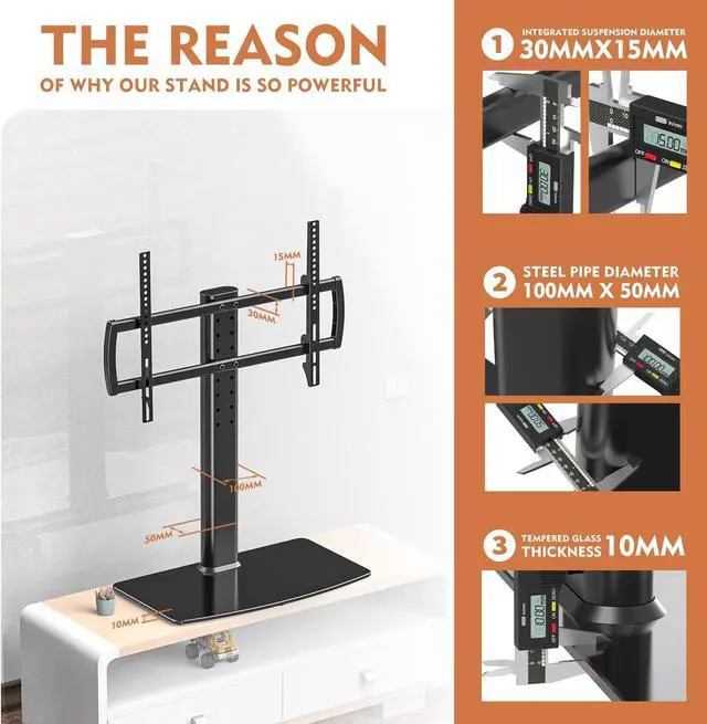 Alt view image 7 of 7 - Universal TV Stand/Base Tabletop TV Stand with Wall Mount for 40 to 86 inch 5 Level Height Adjustable, Heavy Duty Tempered Glass Base, Holds up to 132lbs Screens, HT03B-003