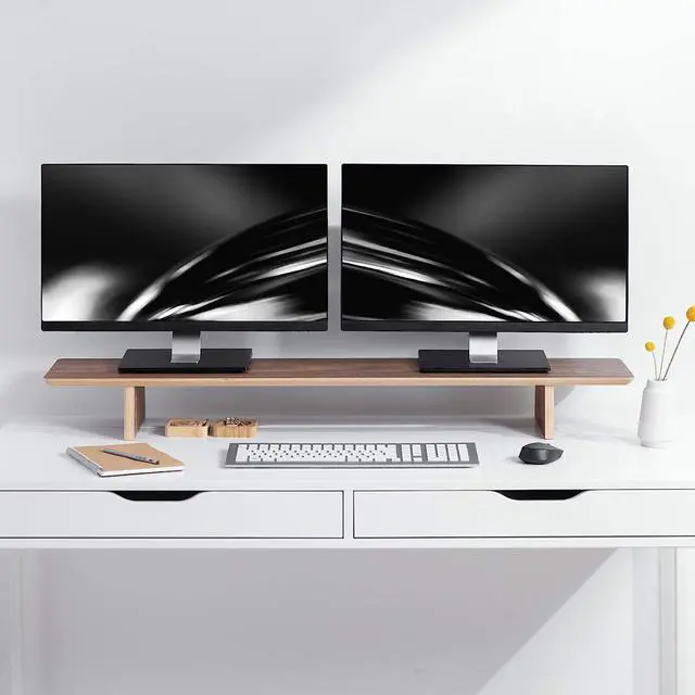 Alt view image 2 of 7 - Navaris Dual Monitor Stand Riser - Real Wood Double Width Desk Shelf for Holding 2 Computer Screens - 42.9" Wide x 9.1" Deep x 4.7" High - Walnut